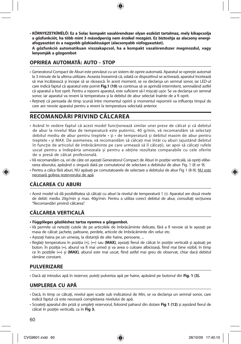 Recomandări privind călcarea, Oprirea automată: auto - stop, Călcarea cu aburi | Călcarea verticală, Pulverizare, Umplerea cu apă | SOLAC CVG9605 User Manual | Page 60 / 62