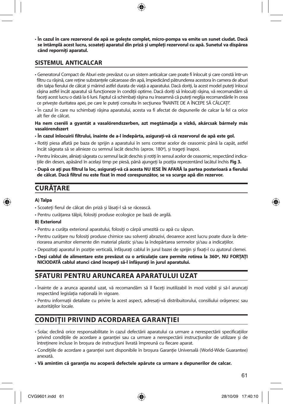 Curăţare, Sfaturi pentru aruncarea aparatului uzat, Condiţii privind acordarea garanţiei | Sistemul anticalcar | SOLAC CVG9605 User Manual | Page 61 / 62