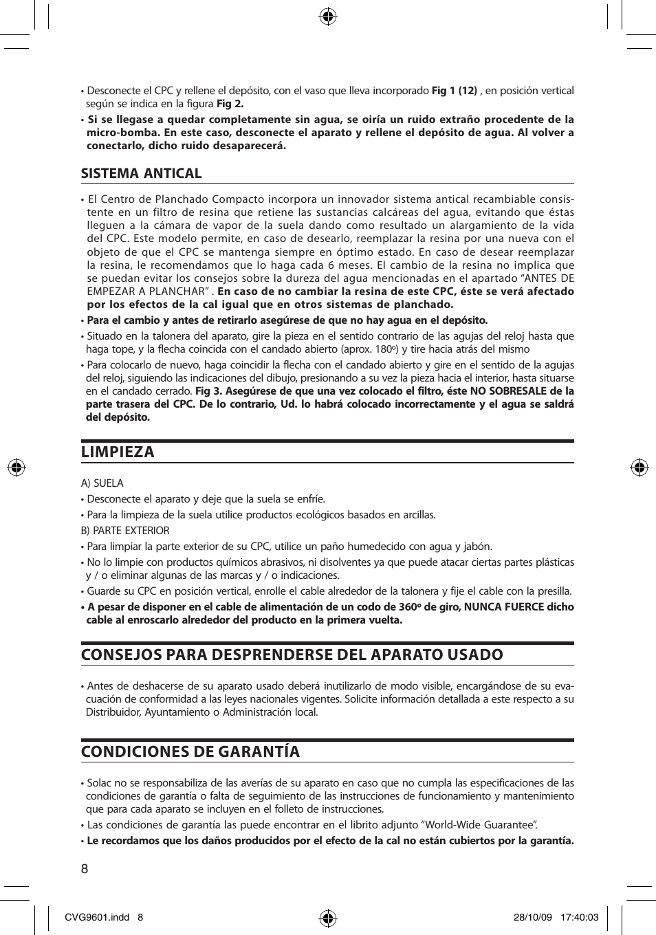 Limpieza, Consejos para desprenderse del aparato usado, Condiciones de garantía | Sistema antical | SOLAC CVG9605 User Manual | Page 8 / 62