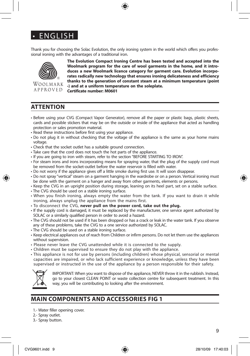 English, Attention, Main components and accessories fig 1 | SOLAC CVG9605 User Manual | Page 9 / 62