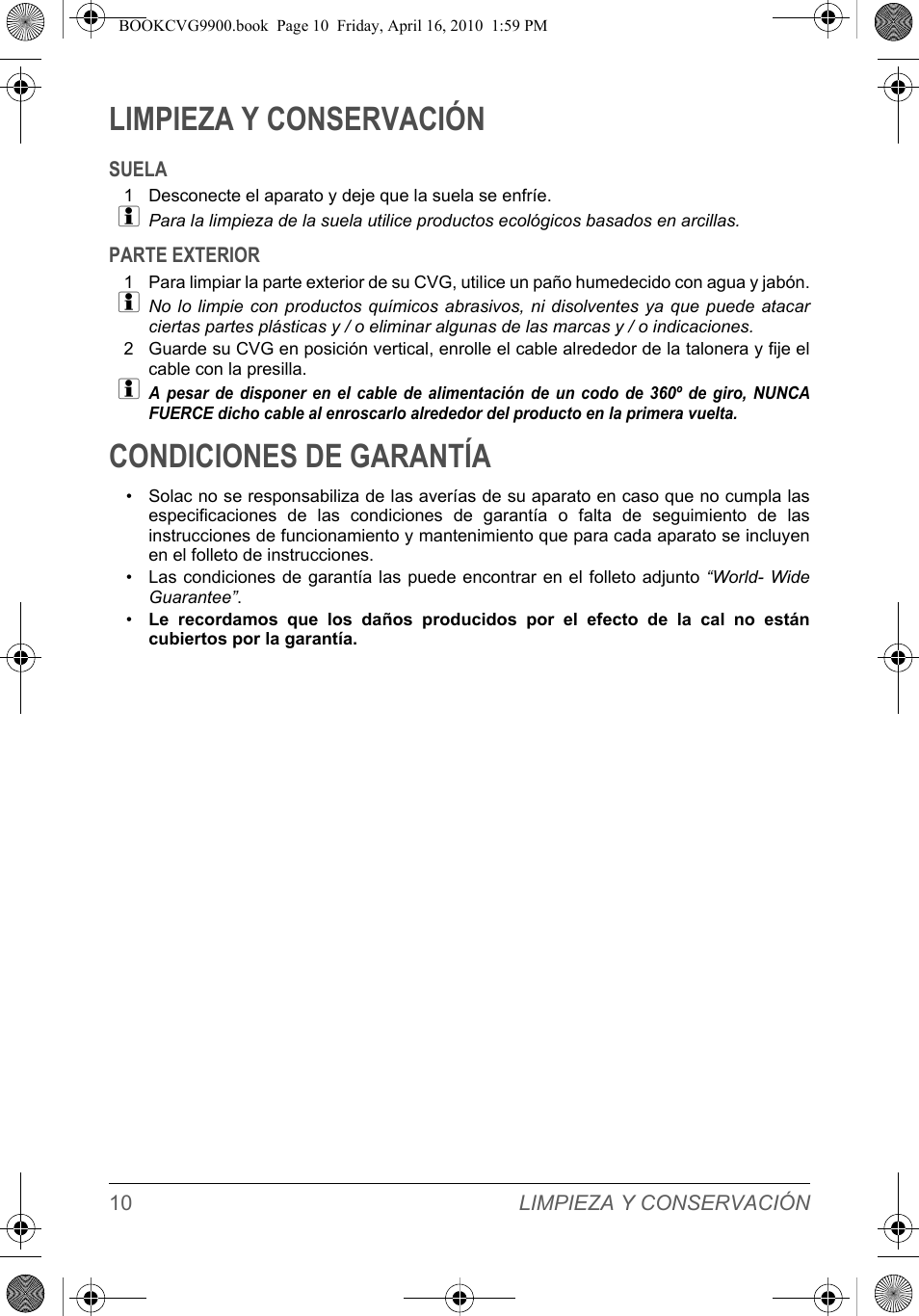 Limpieza y conservación, Condiciones de garantía | SOLAC CVG9900 User Manual | Page 10 / 90