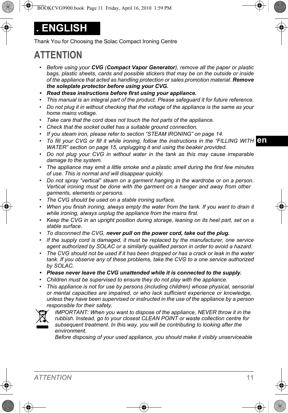 English, Attention | SOLAC CVG9900 User Manual | Page 11 / 90