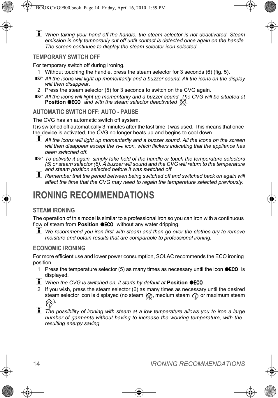 Ironing recommendations | SOLAC CVG9900 User Manual | Page 14 / 90