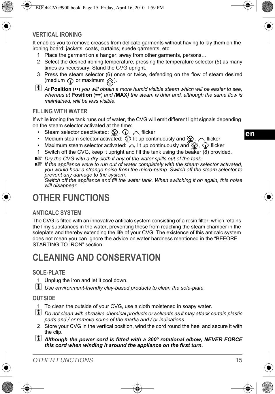 Other functions, Cleaning and conservation | SOLAC CVG9900 User Manual | Page 15 / 90