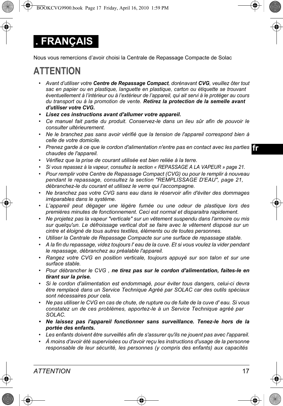 Attention, Français | SOLAC CVG9900 User Manual | Page 17 / 90