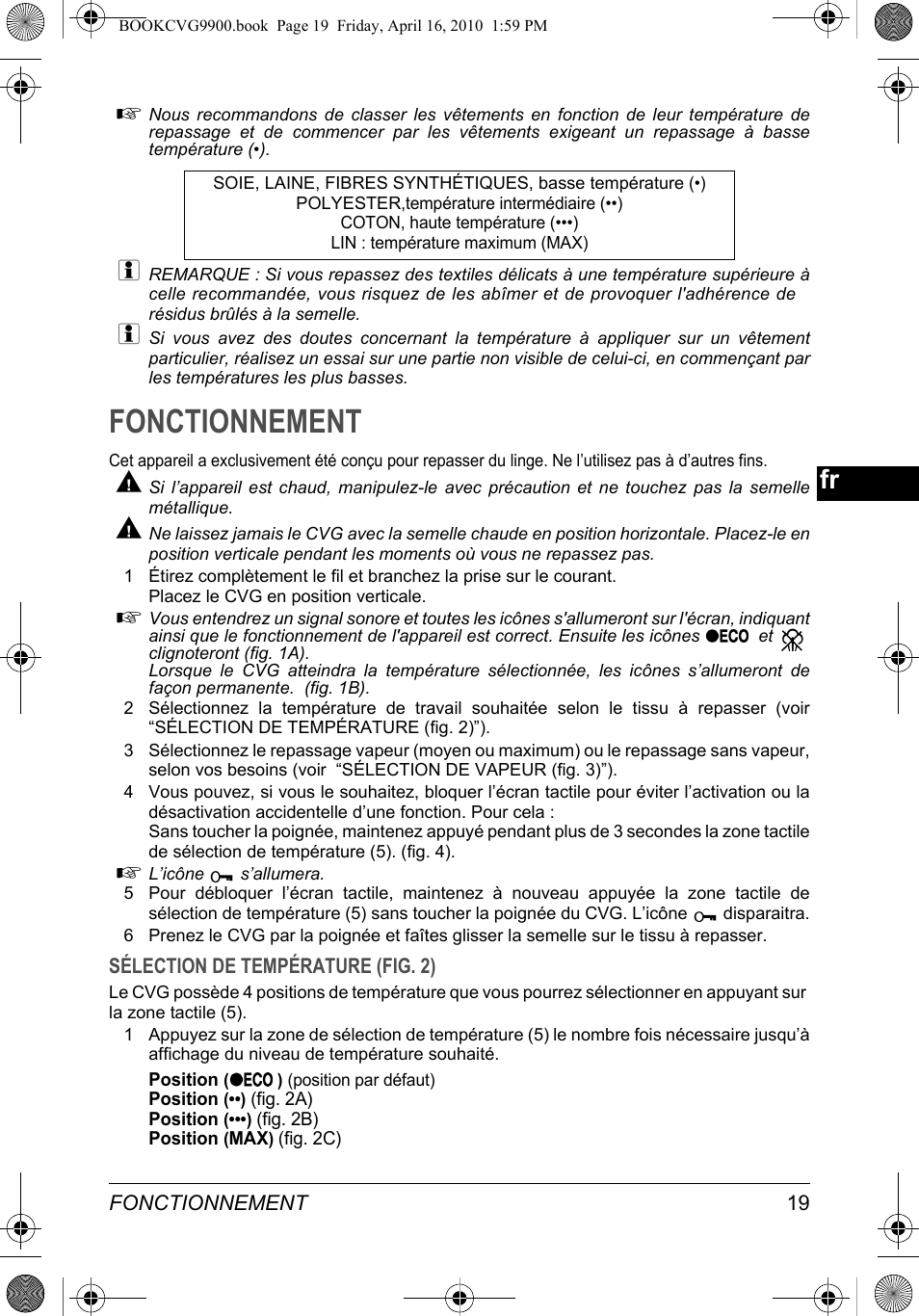 Fonctionnement | SOLAC CVG9900 User Manual | Page 19 / 90