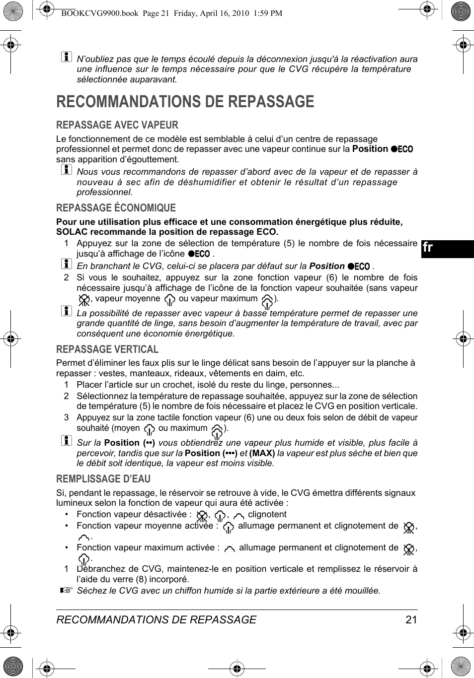 Recommandations de repassage | SOLAC CVG9900 User Manual | Page 21 / 90