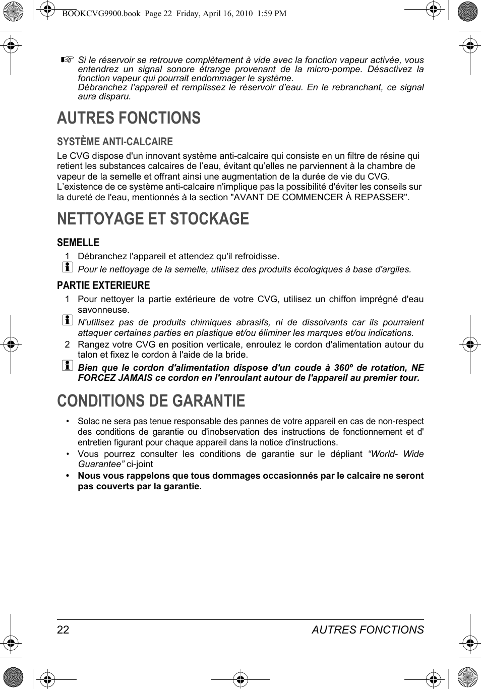 Autres fonctions, Nettoyage et stockage, Conditions de garantie | SOLAC CVG9900 User Manual | Page 22 / 90