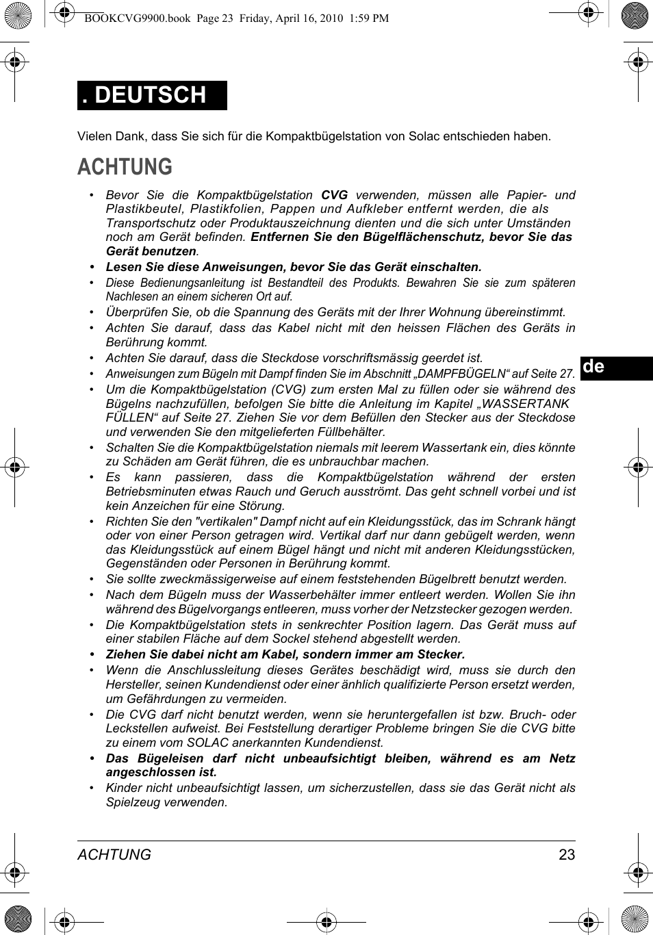 Achtung, Deutsch | SOLAC CVG9900 User Manual | Page 23 / 90