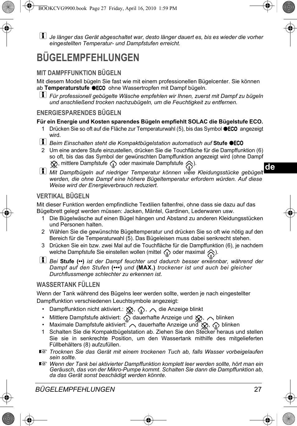 Bügelempfehlungen | SOLAC CVG9900 User Manual | Page 27 / 90