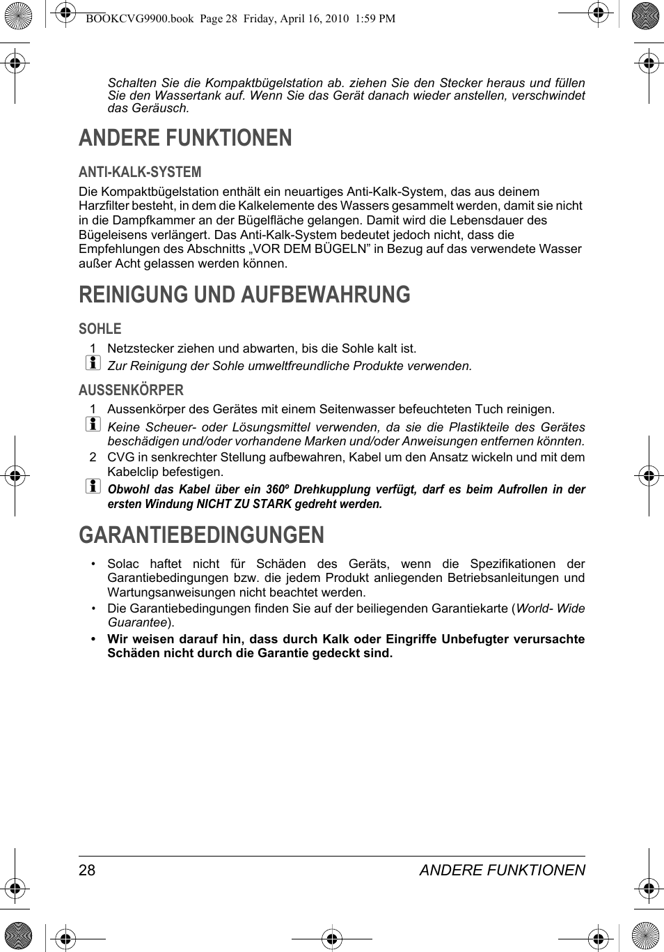 Andere funktionen, Reinigung und aufbewahrung, Garantiebedingungen | SOLAC CVG9900 User Manual | Page 28 / 90