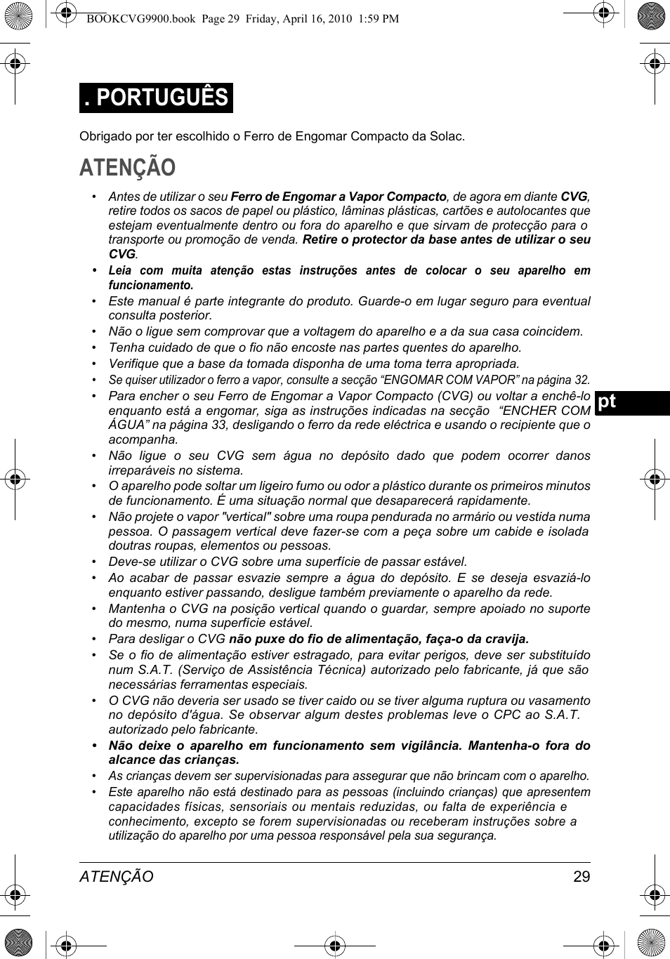 Atenção, Português | SOLAC CVG9900 User Manual | Page 29 / 90