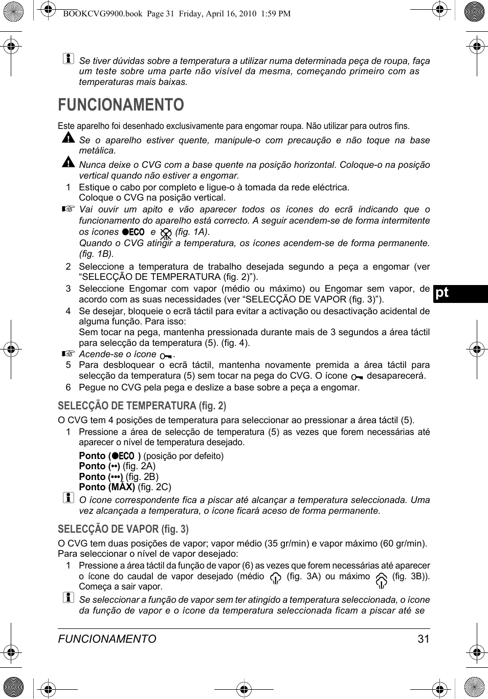 Funcionamento | SOLAC CVG9900 User Manual | Page 31 / 90