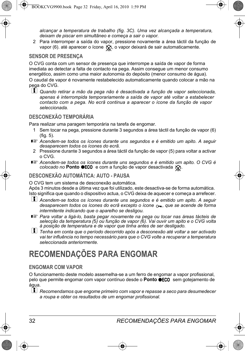 Recomendações para engomar | SOLAC CVG9900 User Manual | Page 32 / 90
