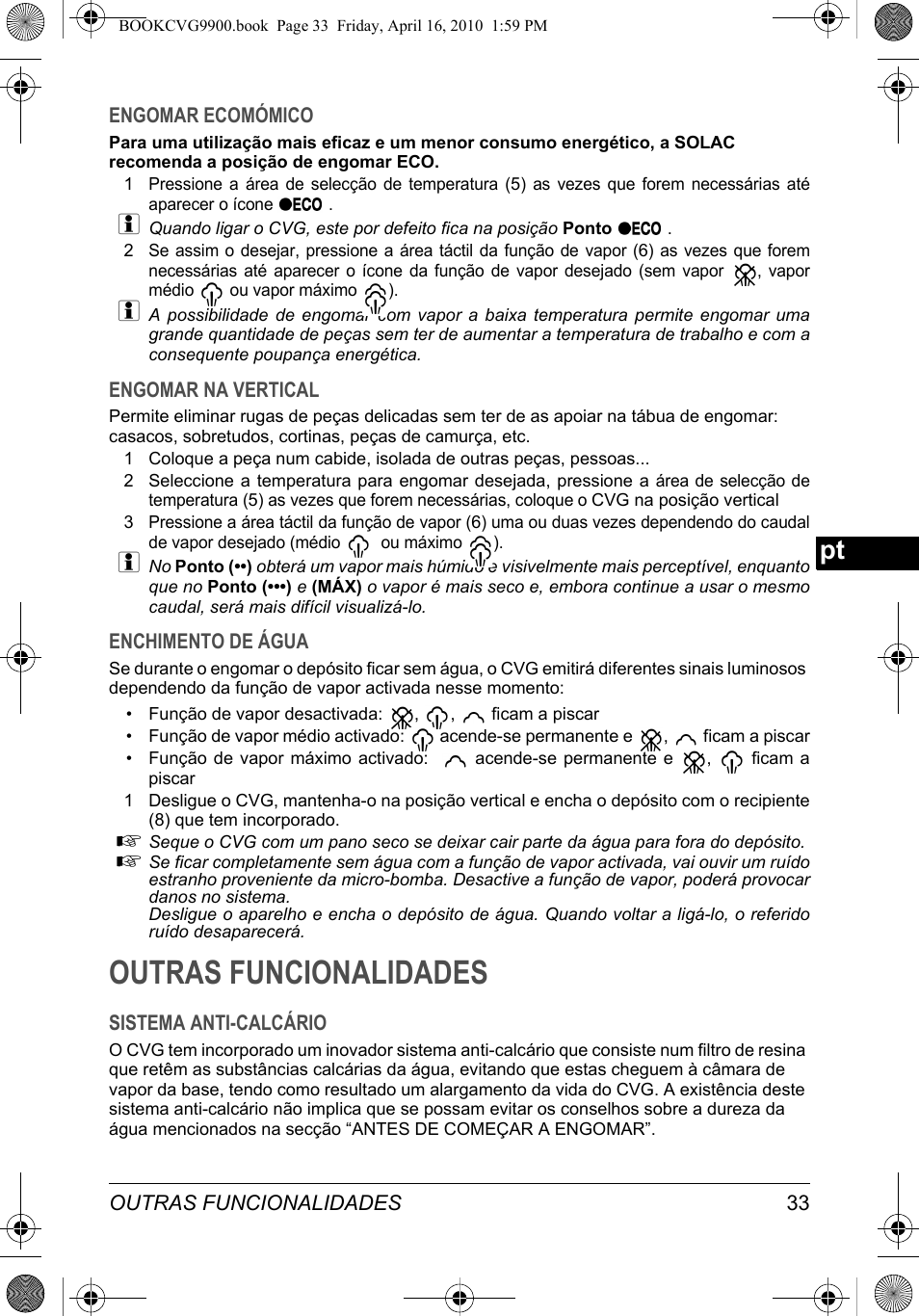 Outras funcionalidades | SOLAC CVG9900 User Manual | Page 33 / 90