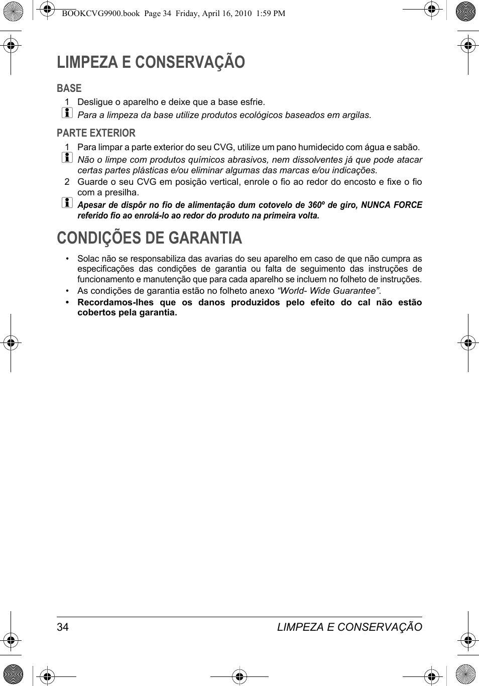 Limpeza e conservação, Condições de garantia | SOLAC CVG9900 User Manual | Page 34 / 90