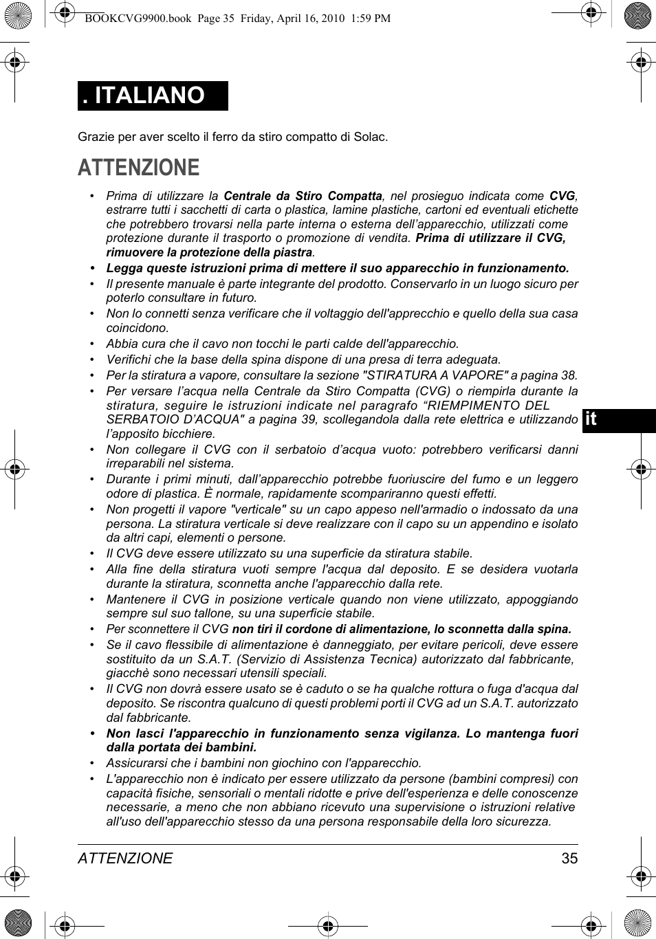 Attenzione, Italiano | SOLAC CVG9900 User Manual | Page 35 / 90