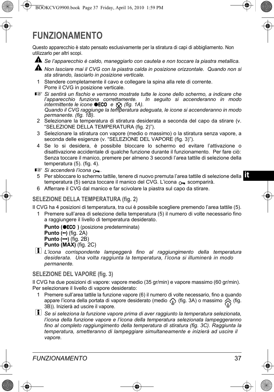 Funzionamento | SOLAC CVG9900 User Manual | Page 37 / 90