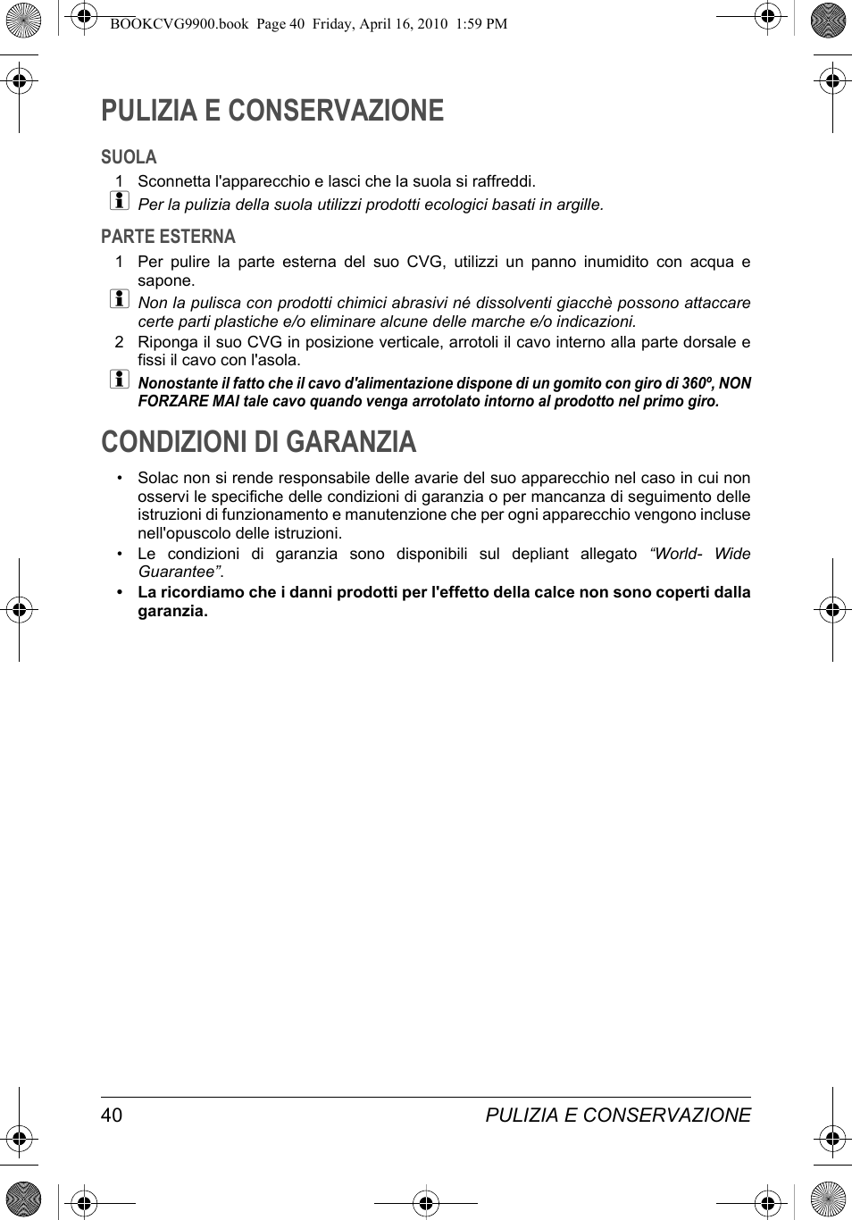 Pulizia e conservazione, Condizioni di garanzia | SOLAC CVG9900 User Manual | Page 40 / 90