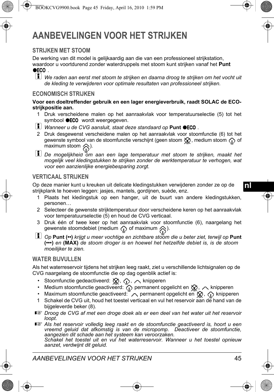 Aanbevelingen voor het strijken | SOLAC CVG9900 User Manual | Page 45 / 90