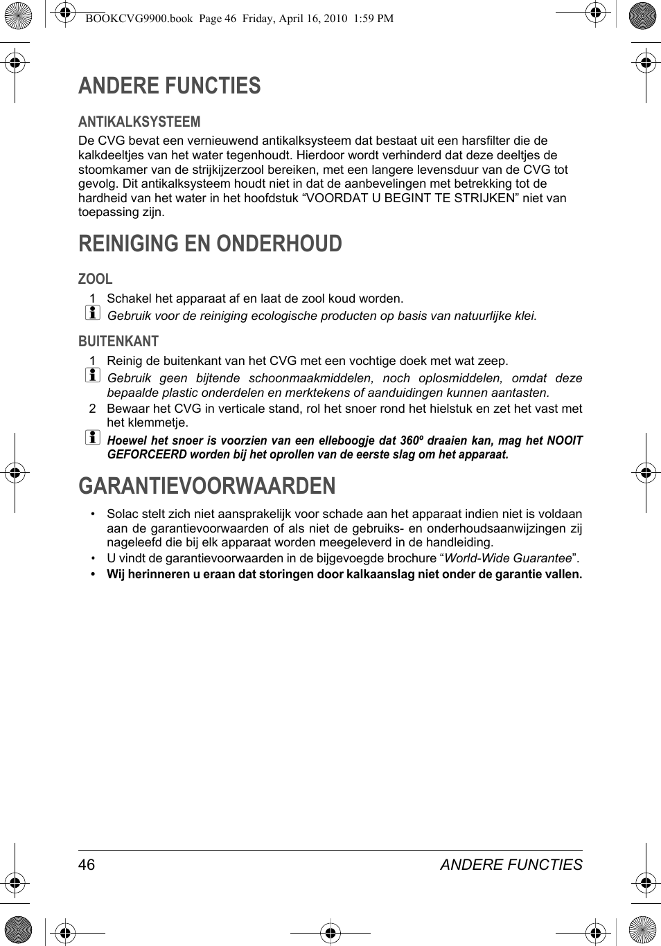 Andere functies, Reiniging en onderhoud, Garantievoorwaarden | SOLAC CVG9900 User Manual | Page 46 / 90