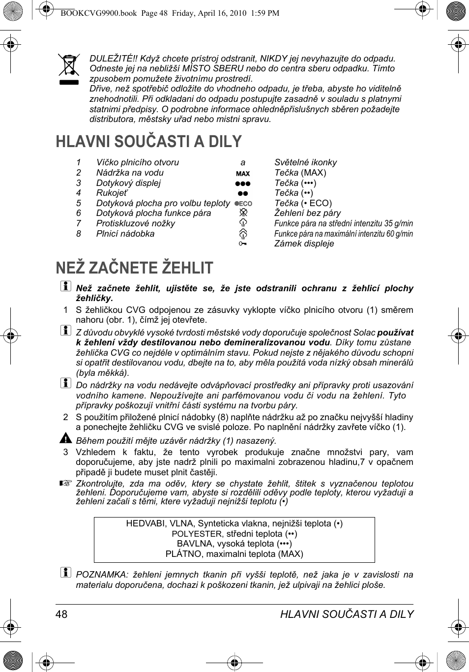 Hlavni současti a dily než začnete žehlit | SOLAC CVG9900 User Manual | Page 48 / 90