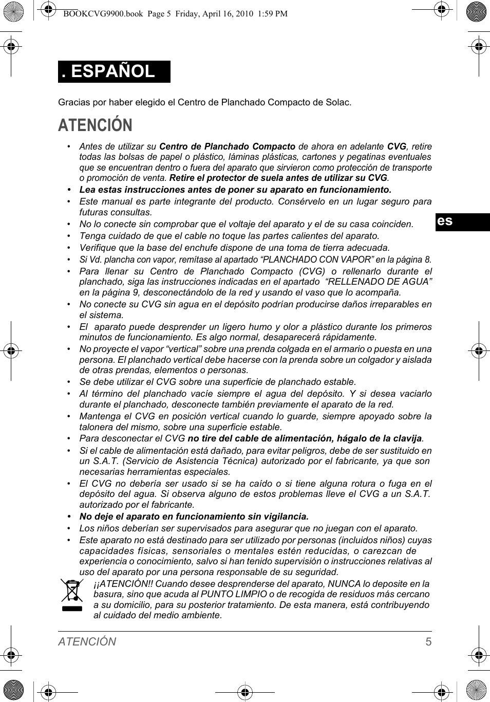 Atención, Español | SOLAC CVG9900 User Manual | Page 5 / 90