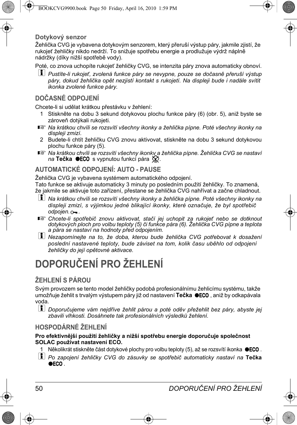 Doporučení pro žehlení | SOLAC CVG9900 User Manual | Page 50 / 90