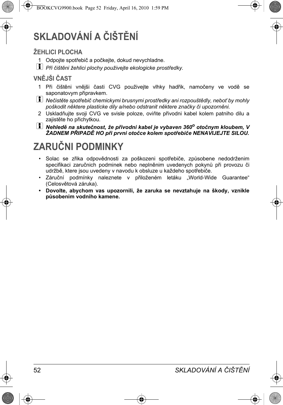 Skladování a čištění, Zaručni podminky | SOLAC CVG9900 User Manual | Page 52 / 90
