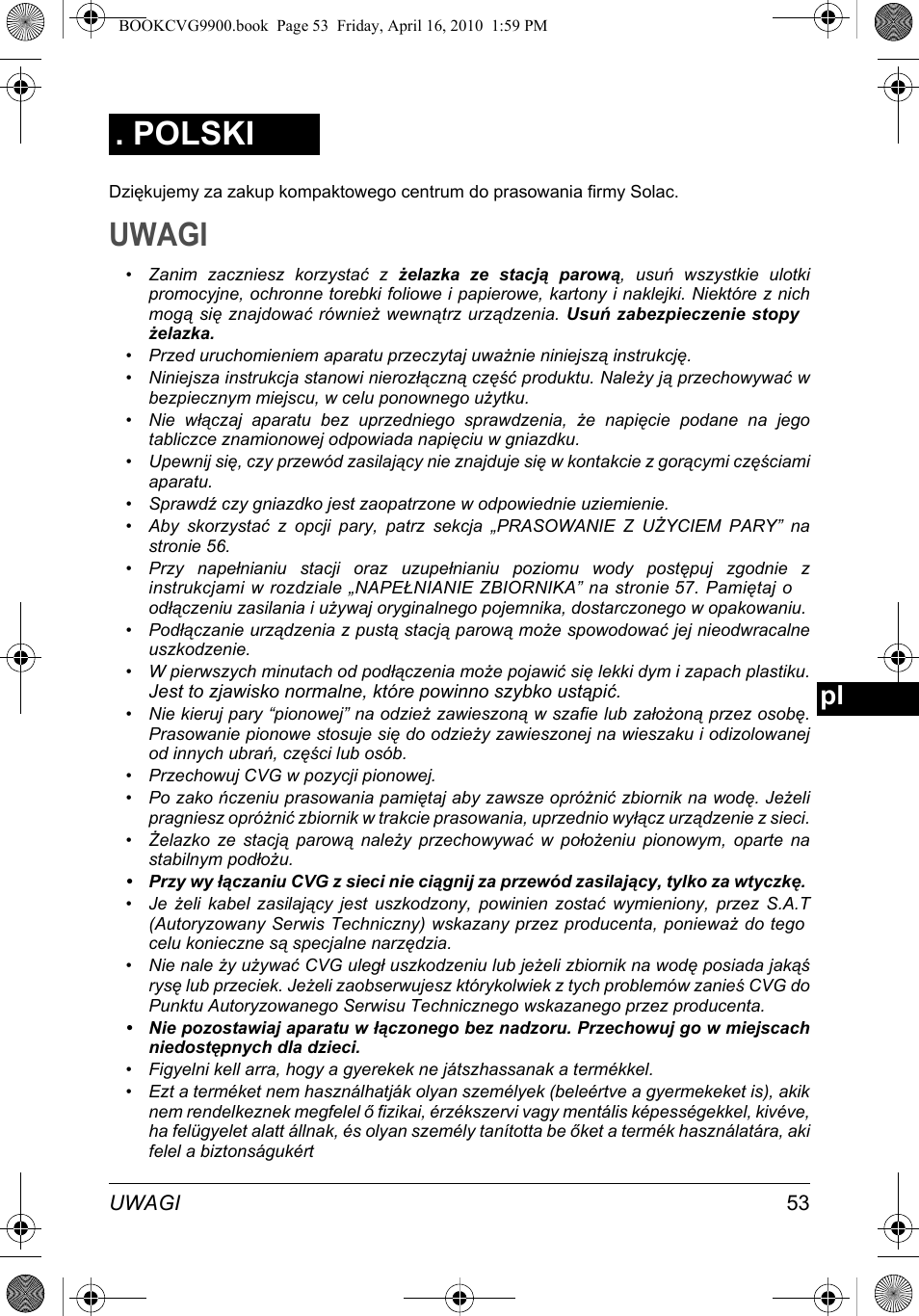 Uwagi, Polski | SOLAC CVG9900 User Manual | Page 53 / 90