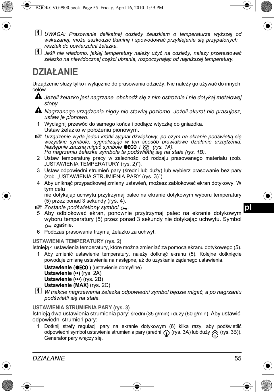 Działanie | SOLAC CVG9900 User Manual | Page 55 / 90