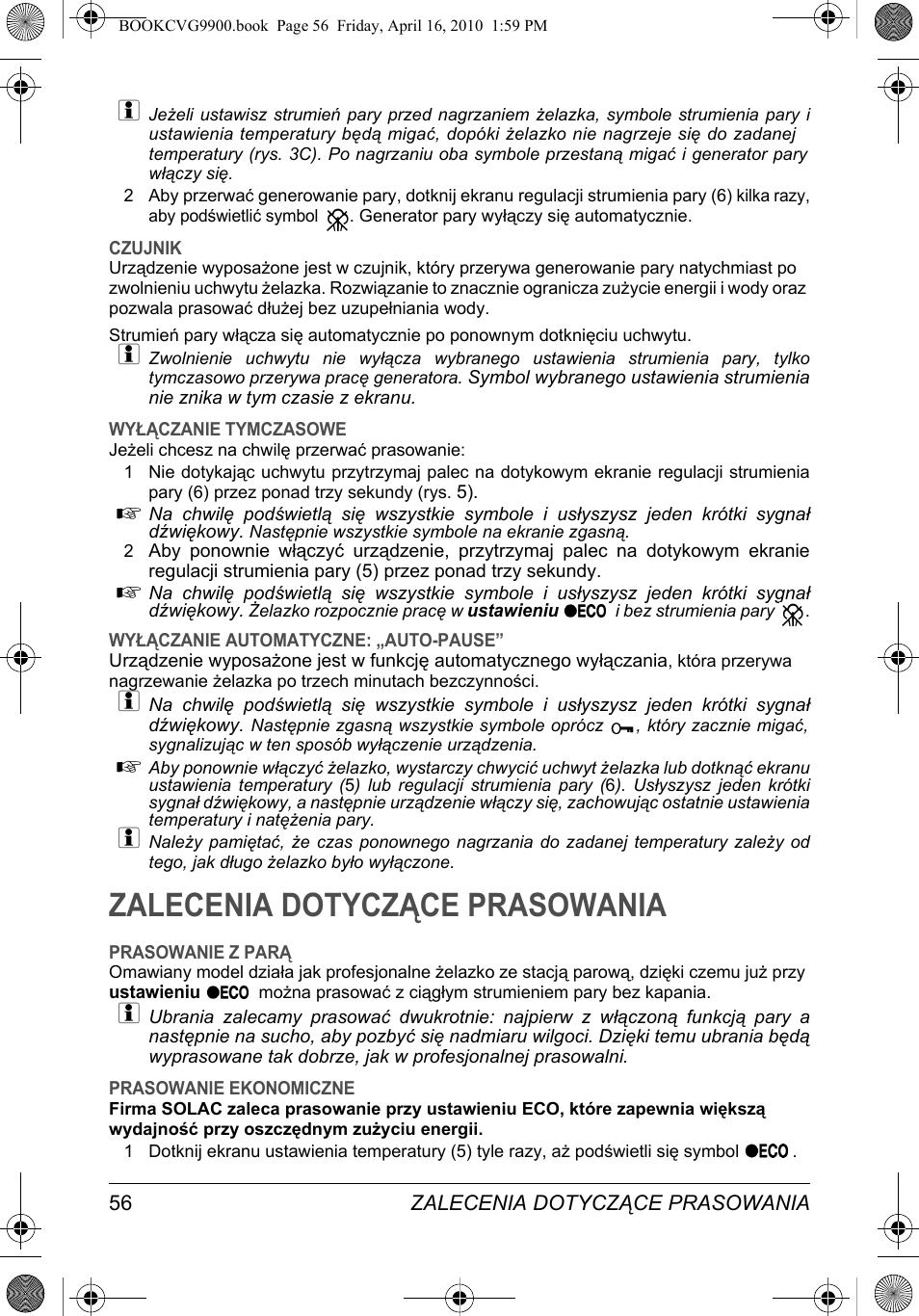 Zalecenia dotyczące prasowania | SOLAC CVG9900 User Manual | Page 56 / 90