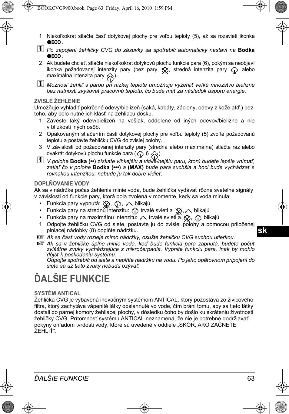 Ďalšie funkcie | SOLAC CVG9900 User Manual | Page 63 / 90