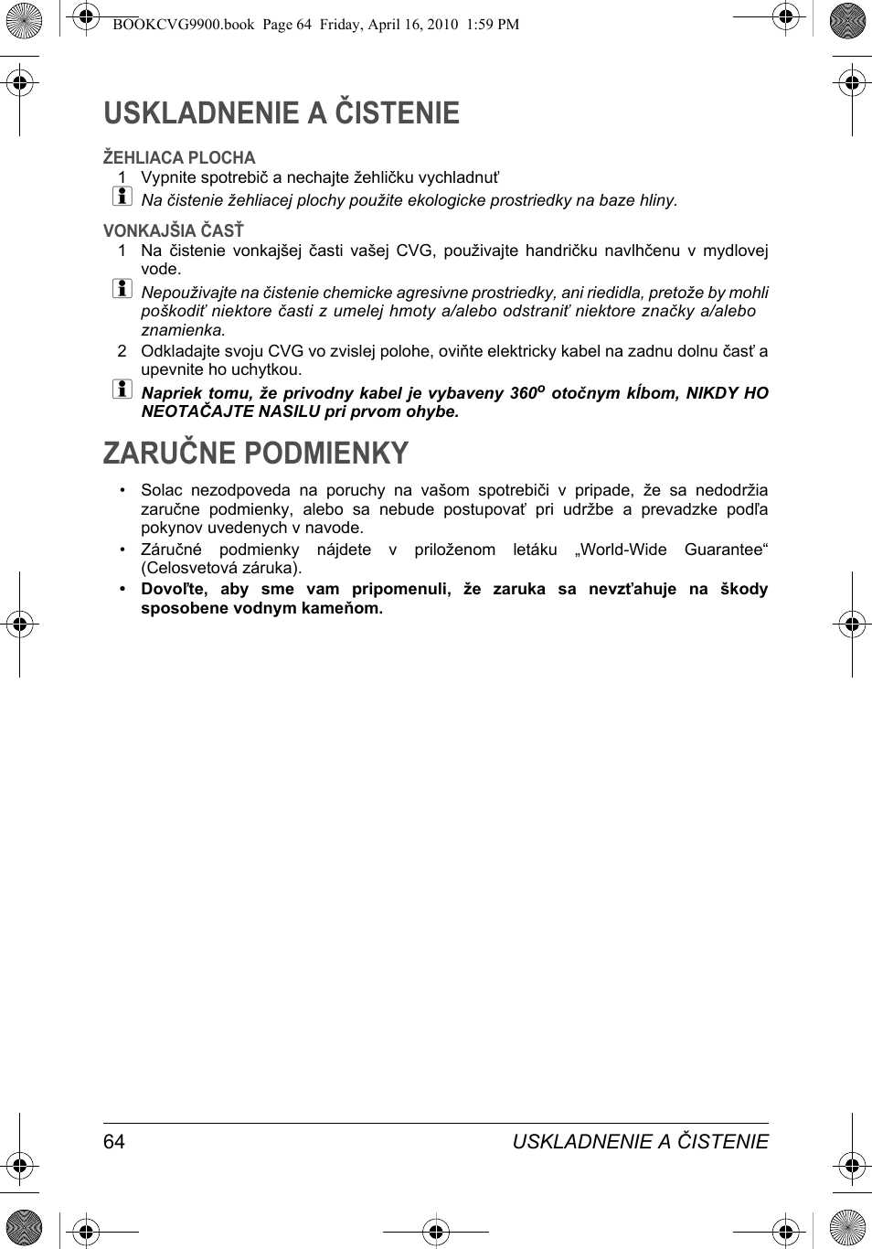 Uskladnenie a čistenie, Zaručne podmienky | SOLAC CVG9900 User Manual | Page 64 / 90