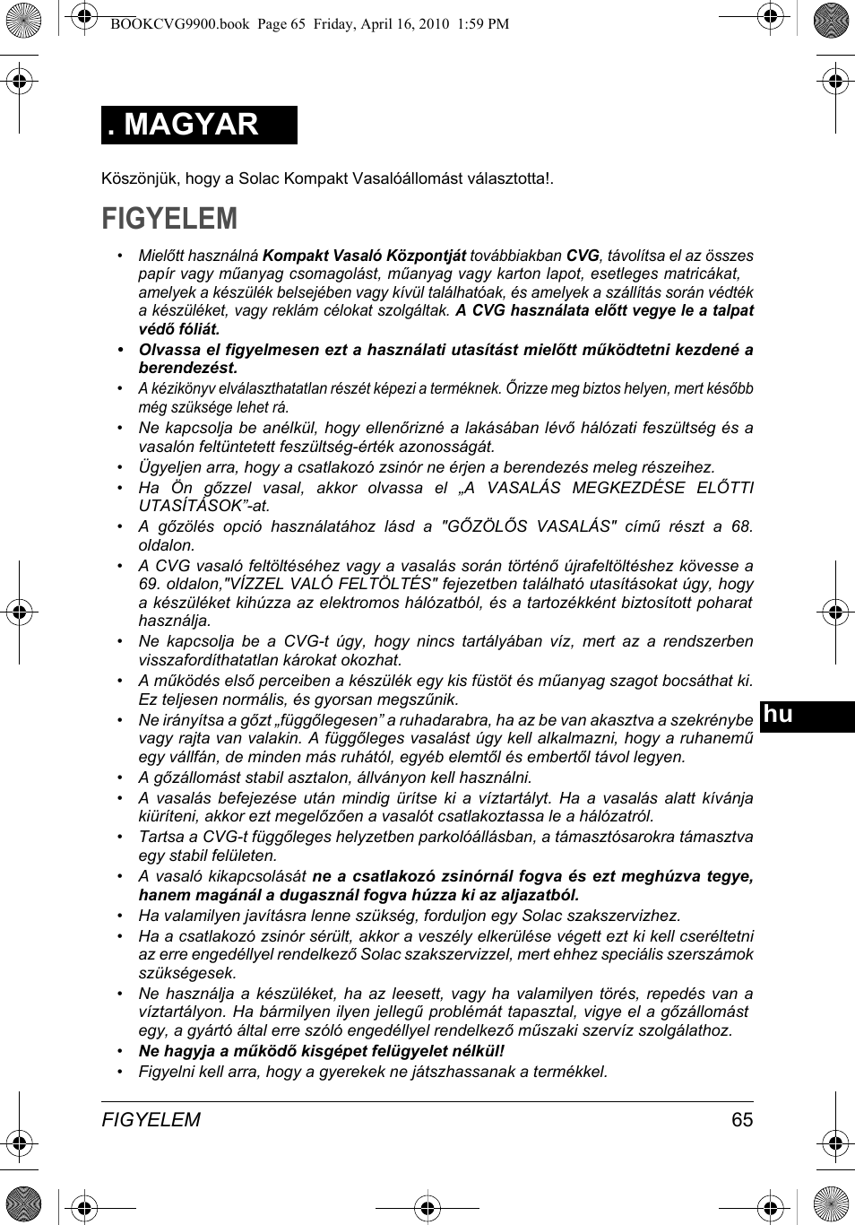Figyelem, Magyar | SOLAC CVG9900 User Manual | Page 65 / 90