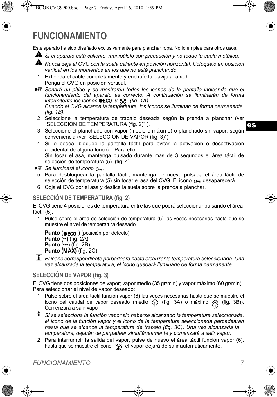Funcionamiento | SOLAC CVG9900 User Manual | Page 7 / 90