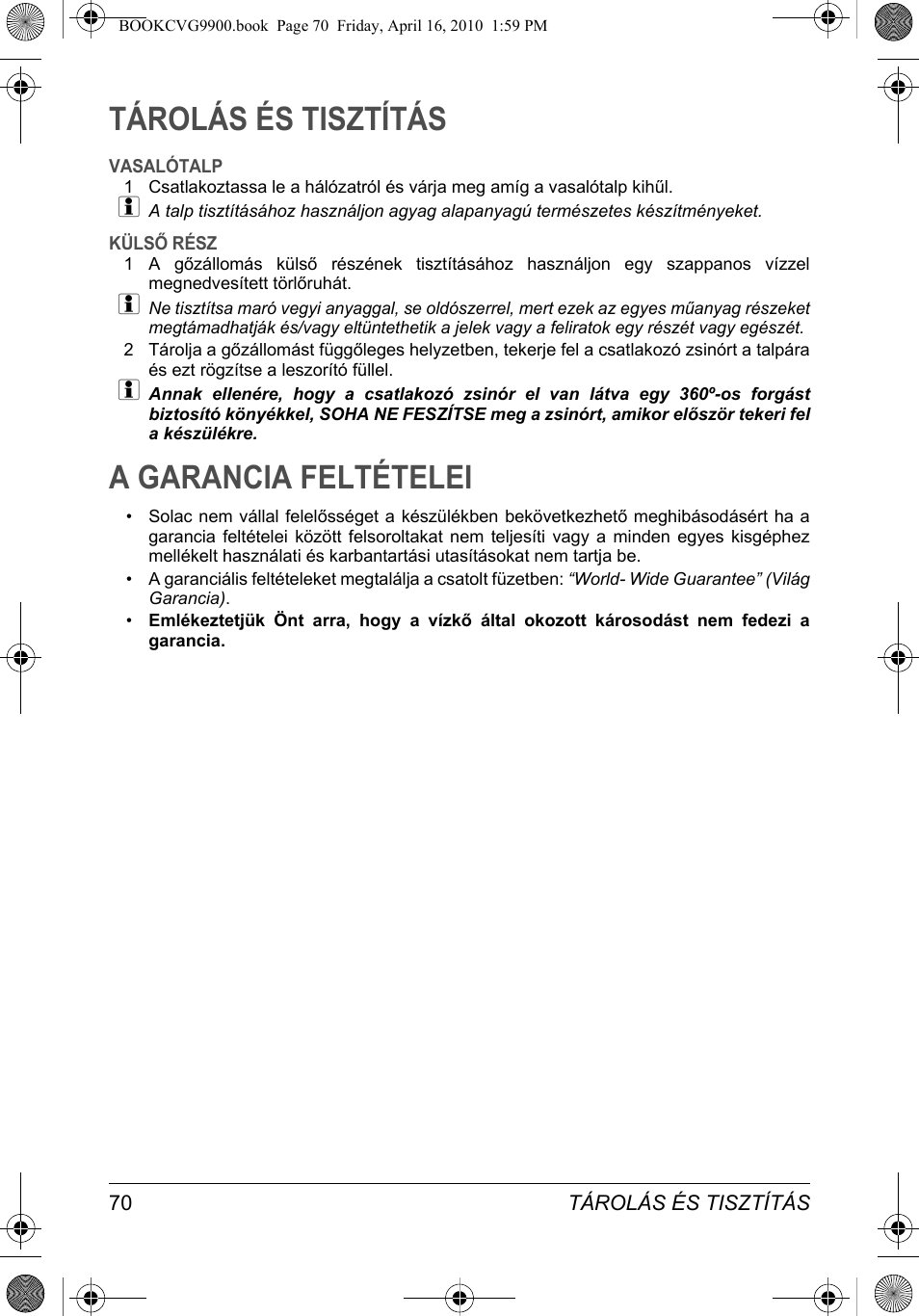 Tárolás és tisztítás, A garancia feltételei | SOLAC CVG9900 User Manual | Page 70 / 90