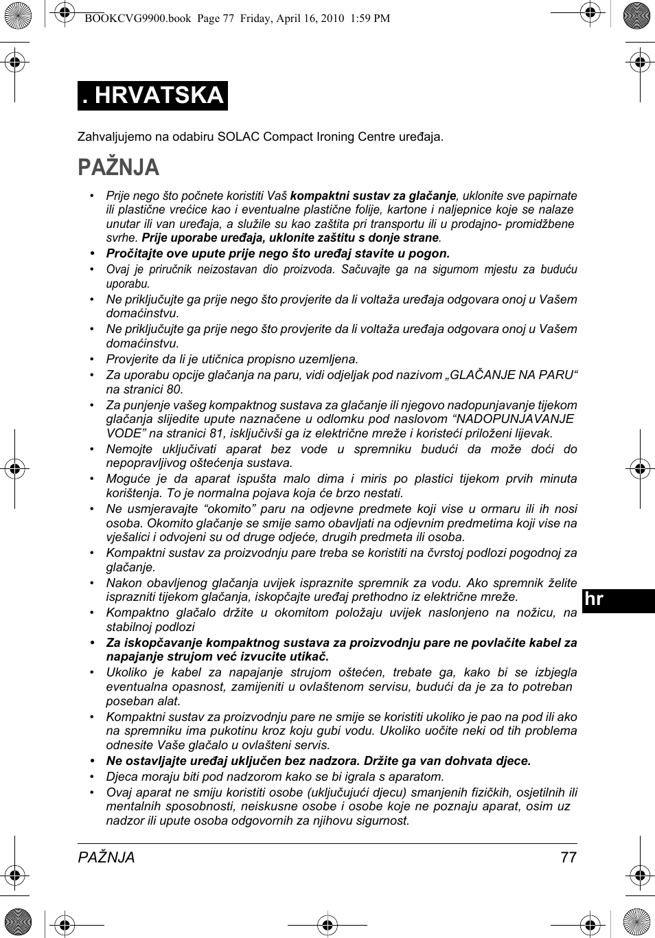 Pažnja, Hrvatska | SOLAC CVG9900 User Manual | Page 77 / 90