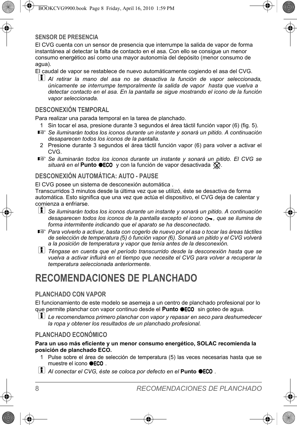 Recomendaciones de planchado | SOLAC CVG9900 User Manual | Page 8 / 90