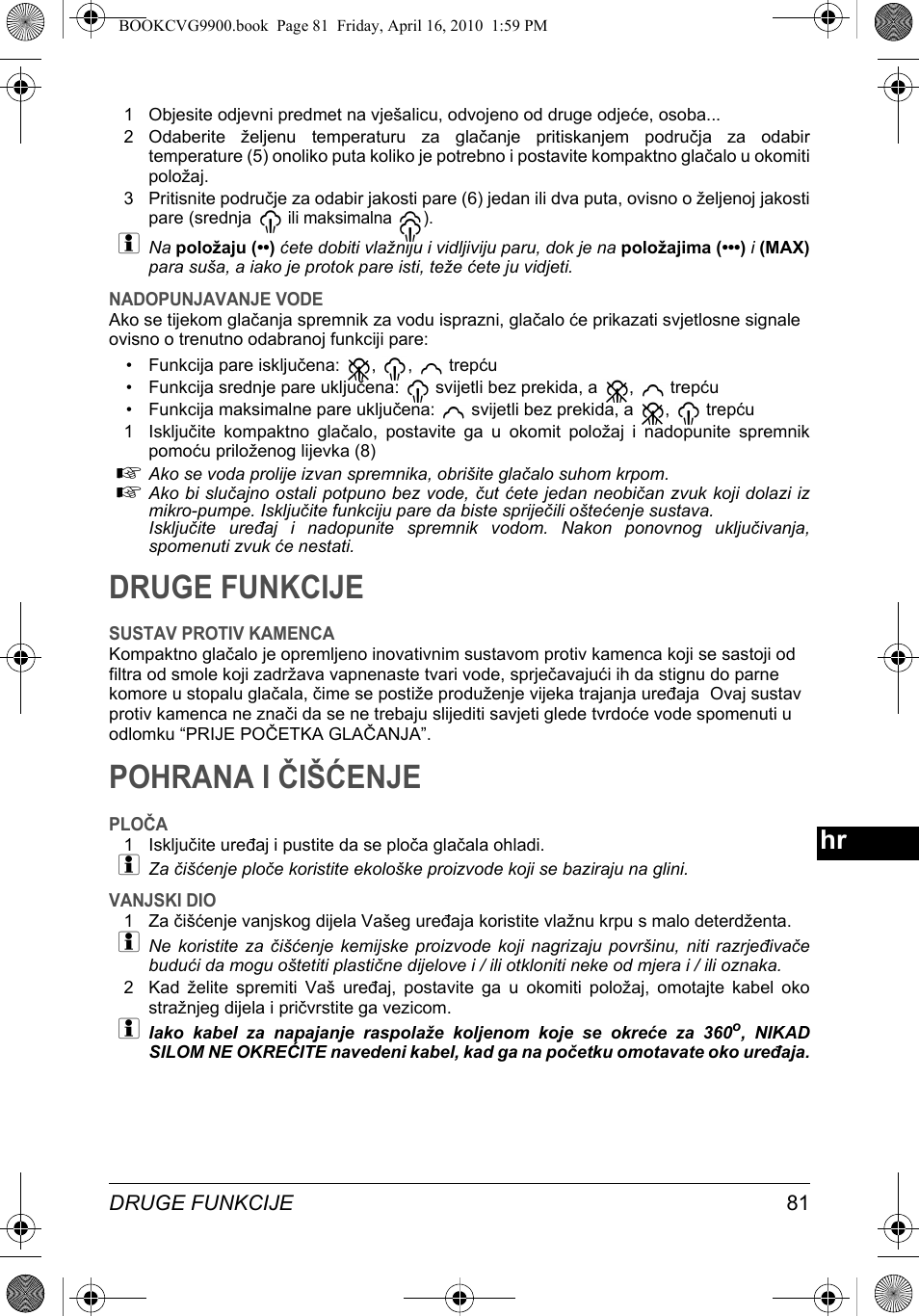 Druge funkcije, Pohrana i čišćenje | SOLAC CVG9900 User Manual | Page 81 / 90