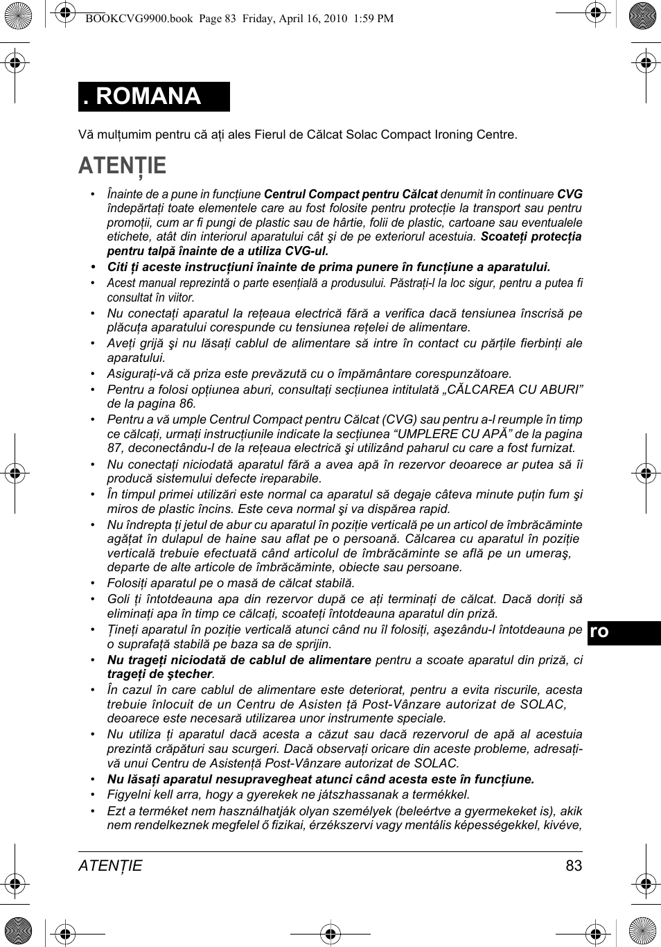 Atenţie, Romana | SOLAC CVG9900 User Manual | Page 83 / 90