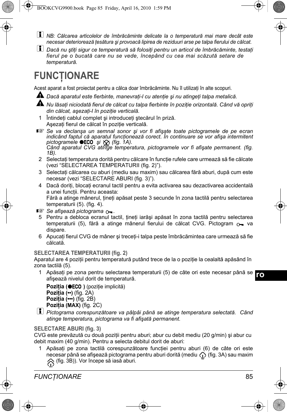 Funcţionare | SOLAC CVG9900 User Manual | Page 85 / 90