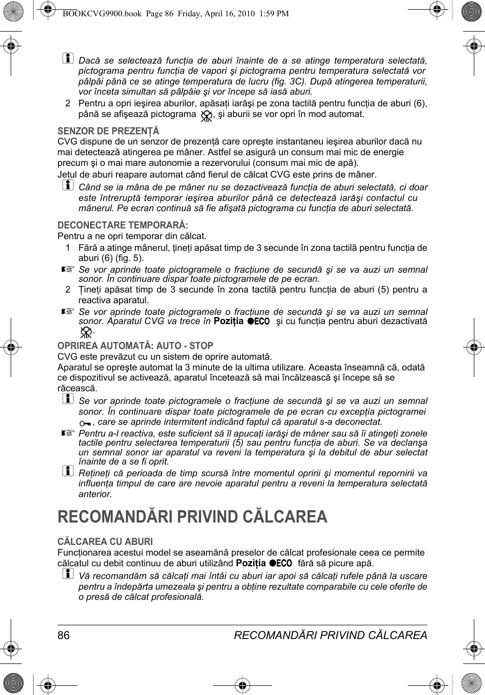 Recomandări privind călcarea | SOLAC CVG9900 User Manual | Page 86 / 90