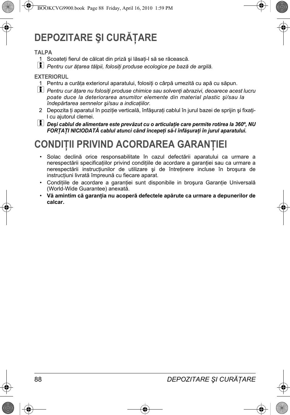 Depozitare şi curăţare, Condiţii privind acordarea garanţiei | SOLAC CVG9900 User Manual | Page 88 / 90