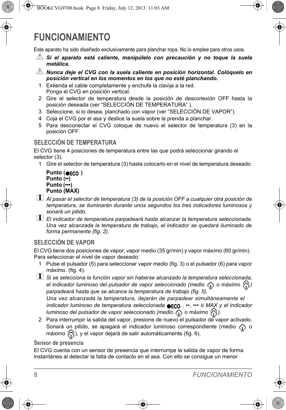 Funcionamiento | SOLAC CVG9700 User Manual | Page 10 / 92