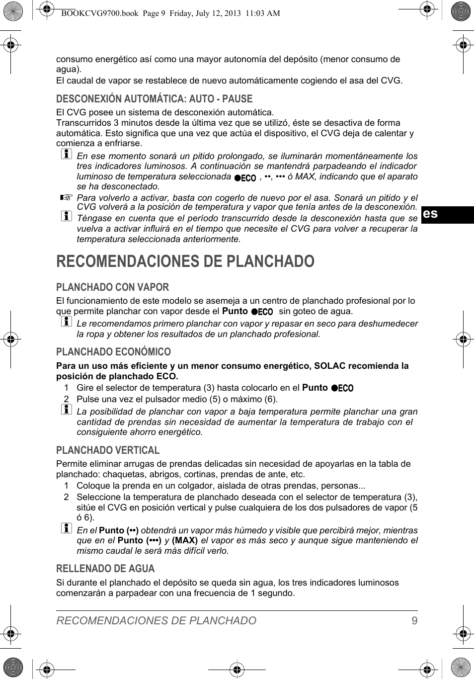Recomendaciones de planchado | SOLAC CVG9700 User Manual | Page 11 / 92