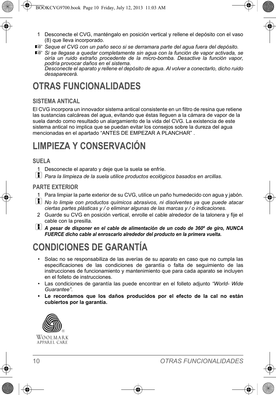 Otras funcionalidades, Limpieza y conservación, Condiciones de garantía | SOLAC CVG9700 User Manual | Page 12 / 92