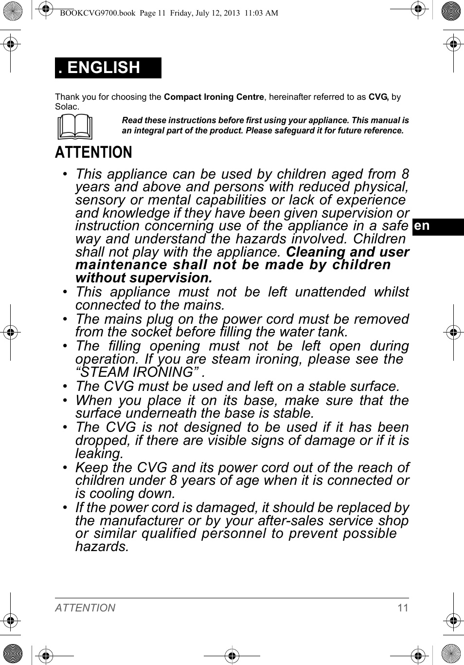 Attention, English | SOLAC CVG9700 User Manual | Page 13 / 92