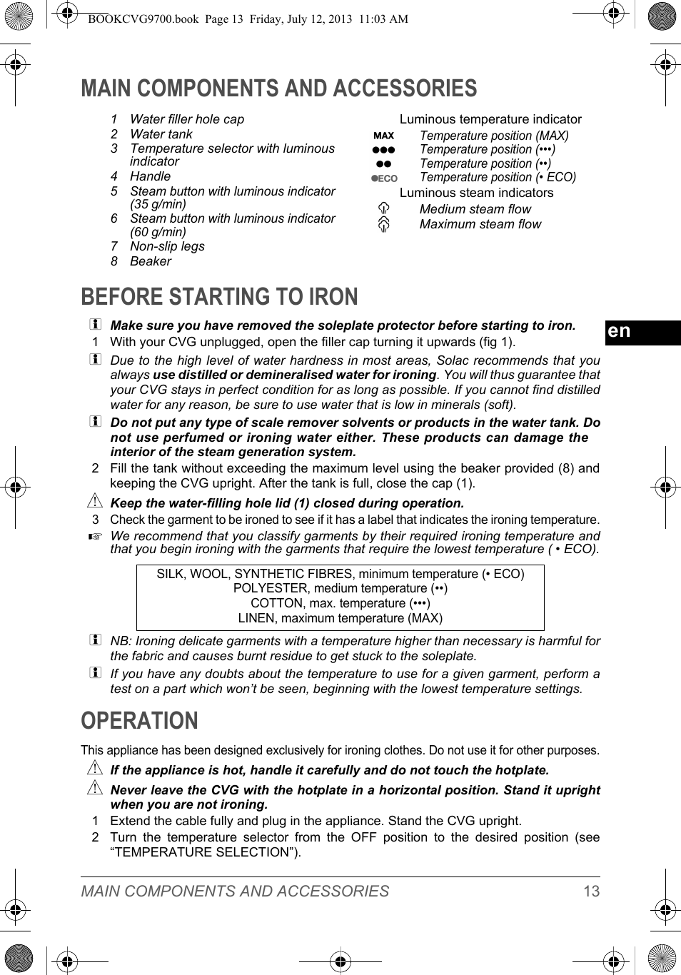 Operation | SOLAC CVG9700 User Manual | Page 15 / 92
