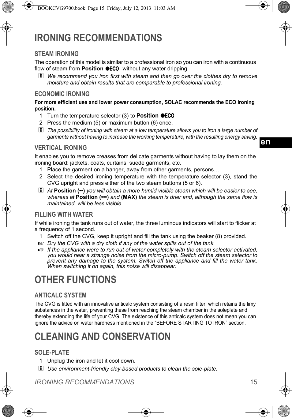 Ironing recommendations, Other functions, Cleaning and conservation | SOLAC CVG9700 User Manual | Page 17 / 92